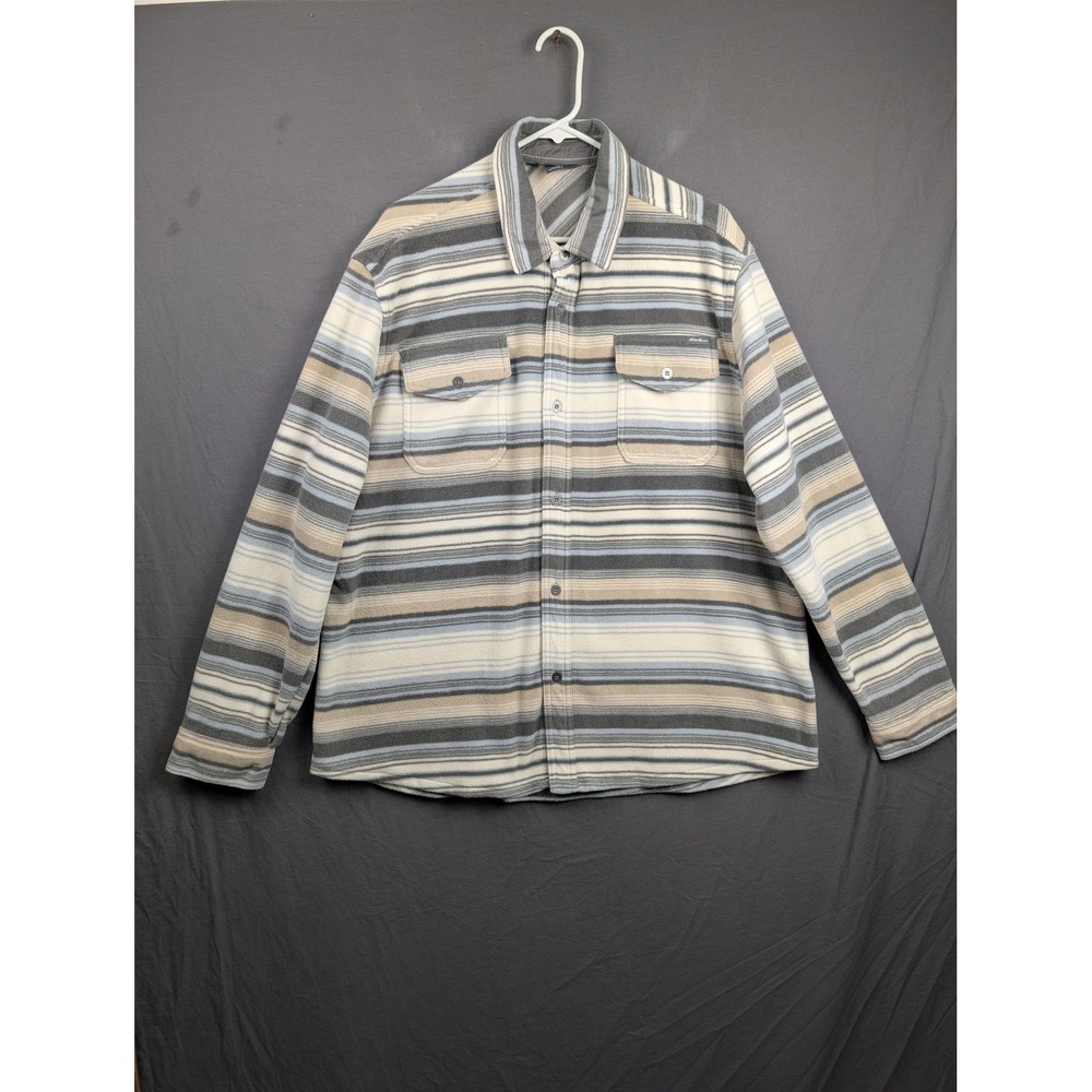 Eddie Bauer Mens XL Fleece Flannel Shirt Gray Blue Striped Button Up‎ Shacket